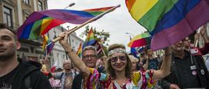 Vielen Menschen in Polen stehen gegen LGBT-Feindlichkeit ein. Wie diese Demonstrierenden 2019 in Plock.