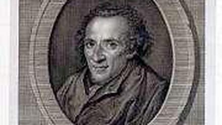 Moses Mendelssohn, in einem Kupferstich von Johann Gotthard Müller (1786), nach einem Porträt von Johann Christoph Frisch (1783). 