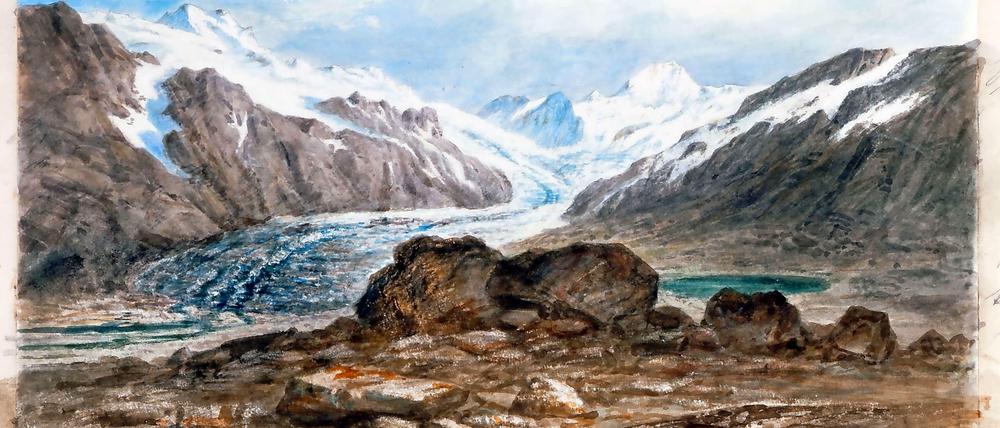 Eisblau. Bereits Mitte des 19. Jahrhunderts wurde eine Reise in das Himalaya mit Aquarellen dokumentiert.
