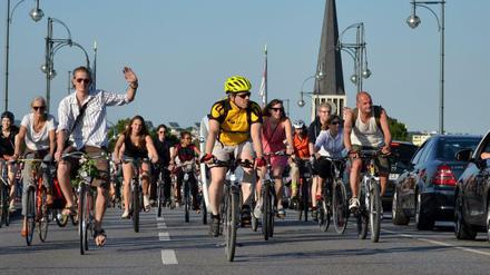 Teilnehmer der Fahrrad-Bewegung "Critical Mass" radeln machen sich den Paragraphen 27 der Straßenverkehrsordnung zunutze: Dort heißt es, dass mehr als 15 Radfahrer gemeinsam einen so genannten Verband bilden. Dann dürfen sie zu zweit nebeneinander auf der Fahrbahn fahren.