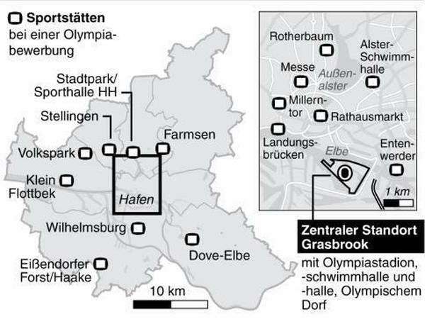 An diesen Orten sollen in Hamburg olympische Veranstaltungen stattfinden - zentrales Element der Bewerbung ist die Weiterentwicklung des Viertels Kleiner Grasbrook beim Hafen.