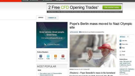 "Berlin-Messe des Papstes auf Nazi-Olympiagelände verlegt." So lautet die Schlagzeile der Nachrichtenagentur "Reuters".