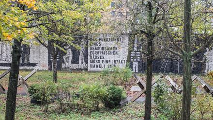 Alte Mauerreste stehen in Berlin auf dem Areal des Mahnmals "Parlament der Bäume". 