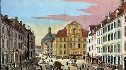 Ziemlich lange her. So sah das Cöllnische Rathaus um das Jahr 1780 herum aus. Vor dem Gebäude fand damals der Fischmarkt statt.