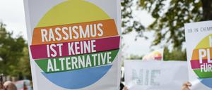 Demonstranten halten bei einer Demo in Werder Plakate mit der Aufschrift "Rassismus ist keine Alternative" hoch.