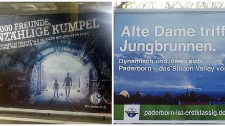 Huiuiui, kesse Werbung vor dem Hertha-Stadion. Die Werbeagenturen aus NRW entdecken plötzlich das Olympiastadion. Links das Schalke-Plakat auf dem U-Bahnhof, rechts das Paderborn-Plakat am S-Bahnhof.  