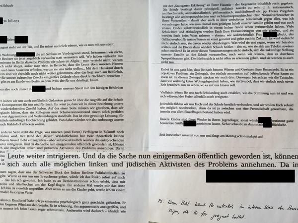 Der Brief von Bernhard Schaub an die Schulleiterin und ihren Partner.