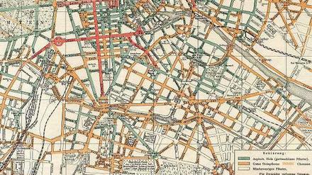 Fast wie neu. Das Prinzip des Fahrradplans von Kartograf Julius Straube aus dem Jahr 1897 ähnelt dem heutigen: Kräftige Farben stehen für guten Straßenbelag. Der Unterschied: die rot markierten Bereiche sind für Radler verboten.