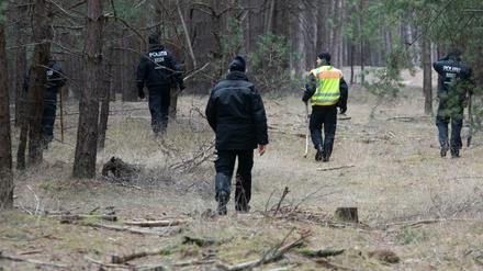 Polizisten durchsuchen ein Waldstück im Landkreis Oder Spree auf der Suche nach Rebecca. 