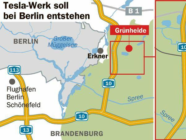 Lage des geplanten Tesla-Werkes in der Gemeinde Grünheide am südöstlichen Stadtrand Berlins.