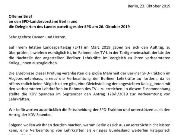 Mit 190 Unterschriften von sieben Schulen wurde dieser offene Brief am Mittwoch an die SPD geschickt.