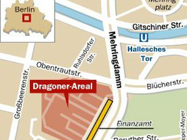 Das Dragoner-Areal liegt zwischen Mehringdamm, Yorckstraße und Obentrautstraße.