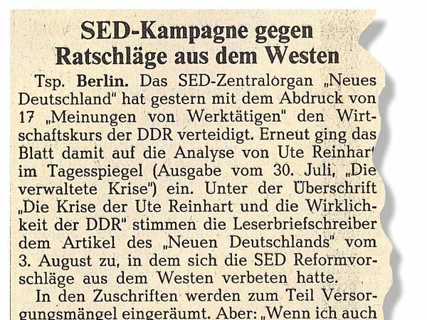 17 "Meinungen von Werktätigen": Tagesspiegel-Meldung zur SED-Kampagne.