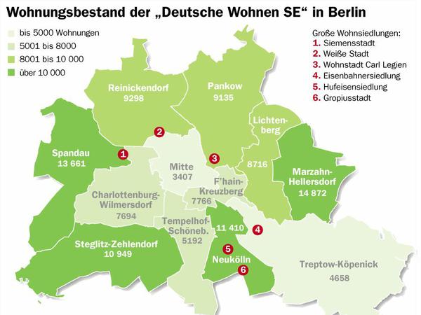 So verteilen sich die Wohnungen der "Deutsche Wohnen" in Berlin. Die ganze Grafik sehen Sie, wenn Sie auf das rote Kreuz klicken.