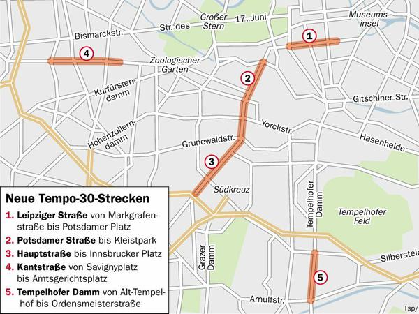 Neue Tempo-30-Strecken in Berlin. Klick auf das rote Kreuz für volle Ansicht.