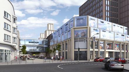 Stand 2018: So soll die neue Einkaufsmeile aussehen. Links die markante Fußgängerbrücke, vorn die Kreuzung Budde- Ecke Gorkistraße.