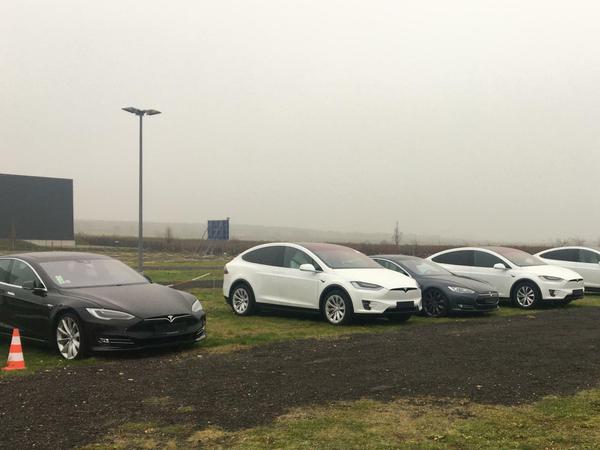 Pkw des Herstellers Tesla auf einem Wiesengrundstück in Berlin-Bohnsdorf unweit des Flughafens BER, aufgenommen im Dezember 2020. Hier übergab das Unternehmen die importierte Fahrzeuge an Kunden und deponiert heute Gebrauchtwagen.