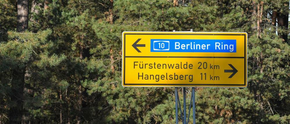 Ein Waldgebiet grenzt an eine Straße am Güterverkehrszentrum (GVZ) Freienbrink in der Gemeinde Grünheide östlich von Berlin. In diesem Waldgebiet plant Tesla den Bau einer "Giga-Factory".