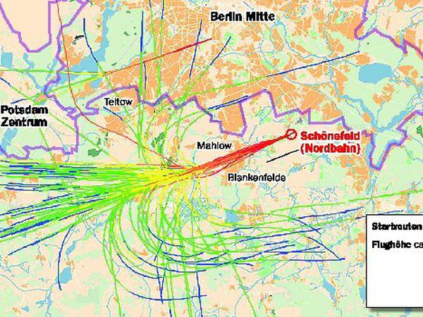 Realität: So fliegen die Maschinen heute beim Start nach Westen in Schönefeld. Die Flugverläufe stammen von der Flugsicherung.