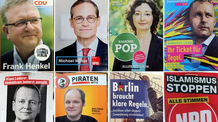 Die achtteilige Bildkombo zeigt Wahlplakate verschiedener Parteien in Berlin 18. September. 
