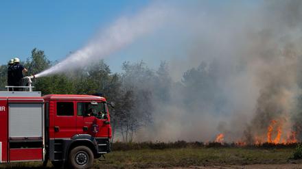 Einsatzkräfte der Feuerwehr löschen den Waldbrand auf dem früherem Truppenübungsplatz bei Jüterbog.