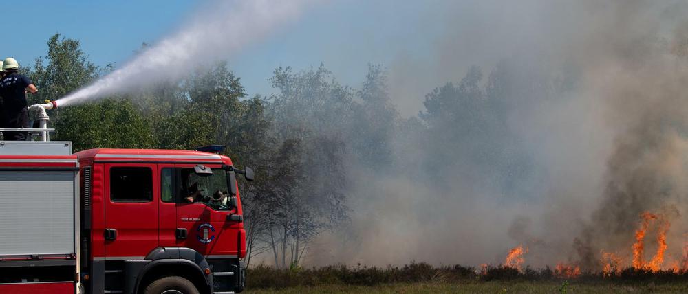 Einsatzkräfte der Feuerwehr löschen den Waldbrand auf dem früherem Truppenübungsplatz bei Jüterbog.