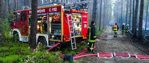 Feuerwehrleute löschen den Waldbrand bei Nassenheide