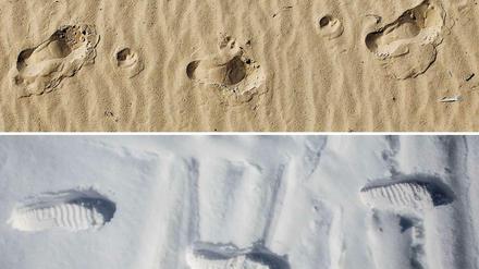 Deine Spuren im Sand - und im Schnee. Eine Bildkombo, die - im wahrsten Sinne des Wortes - Eindrücke von vor einem Jahr und aktuell im Strandbad Wannsee zeigt.