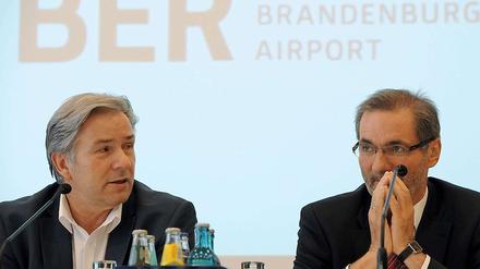 Sie sind zufrieden mit dem Leipziger Flugrouten-Urteil: Berlins Regierender Bürgermeister Klaus Wowereit und Brandenburgs Ministerpräsident Matthias Platzeck.