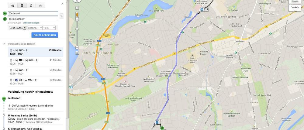Wie lange braucht der Bus von Zehlendorf nach Kleinmachnow? Google Maps kennt die Antwort.