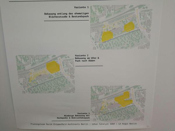 Die drei Varianten für die Bebauung der ZLB in Kreuzberg. 