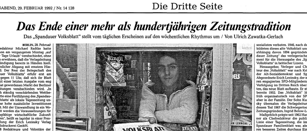 Seite 3 im Tagesspiegel - zum Ende der renommierten Tageszeitung "Spandauer Volksblatt".
