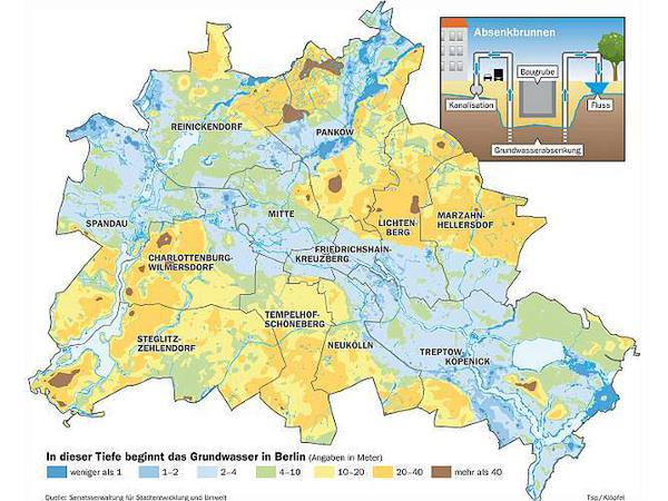 Die Grafik zeigt, in welcher Tiefe das Grundwasser in verschiedenen Bereichen Berlins beginnt.