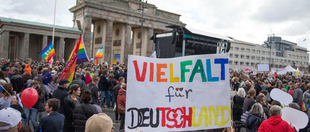 Eine Frau mit einem Transparent "Vielfalt für Deutschland" mit zahlreichen anderen Menschen am Brandenburger Tor in Berlin.
