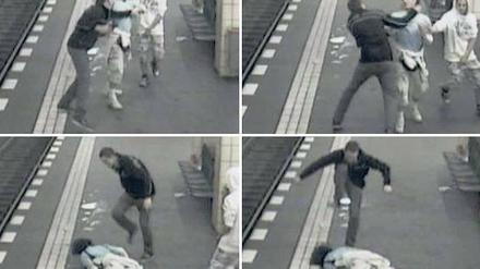 Unvorstellbar brutal. Eine Überwachungskamera dokumentiert, wie ein 29-Jähriger im U-Bahnhof Friedrichstraße bis zur Bewusstlosigkeit getreten wird. 