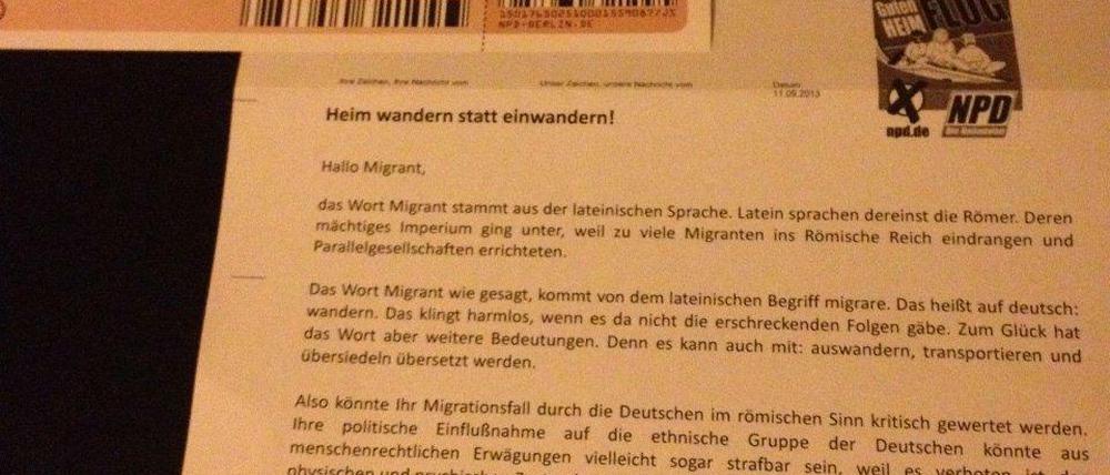 Diesen Hassbrief der NPD erhielt ein Berliner Grünen-Politiker.