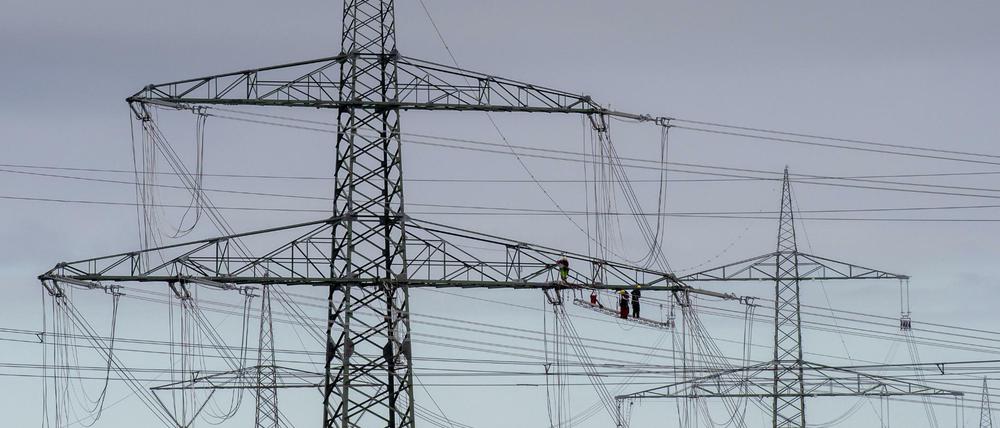 Techniker arbeiten im Mast einer Hochspannungsleitung (Symbolbild).