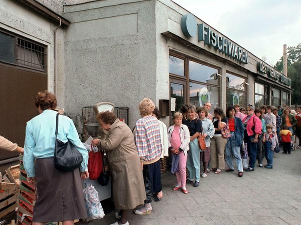 Spürbarster Ausdruck der DDR-Mangelwirtschaft ist das ständige Schlangestehen selbst nach alltäglichsten Nahrungsmitteln und Konsumgütern.