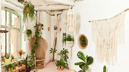 Dörte Bundt hat sich in ihrem Studio in Neukölln eine kleine Oase aus Makramee und grünen Zimmerpflanzen geschaffen.