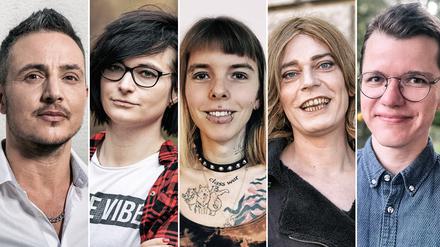 Sichtbar. Trans Personen Jayrôme Robinet, Felicia Ewert, FaulenzA, Tessa Ganserer und Kalle Hümpfner.