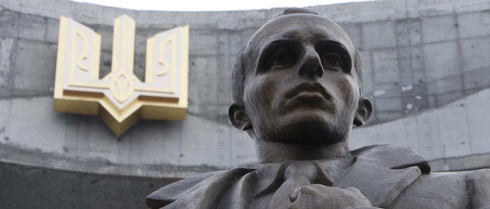 A statue of Stepan Bandera is seen in the Ukrainian city of Lviv.