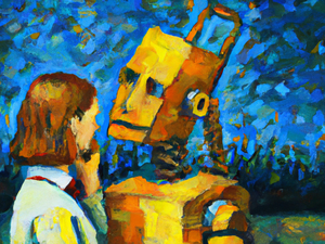 Ein Roboter tröstet einen Menschen. Gemälde im Stil von Vincent van Gogh.