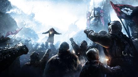 Bring deine Leute durch den Winter. Artwork aus dem Computerspiel „Frostpunk“.