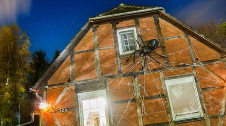 Ein mit Halloween-Deko geschmücktes Haus steht in Isernhagen in Niedersachsen.