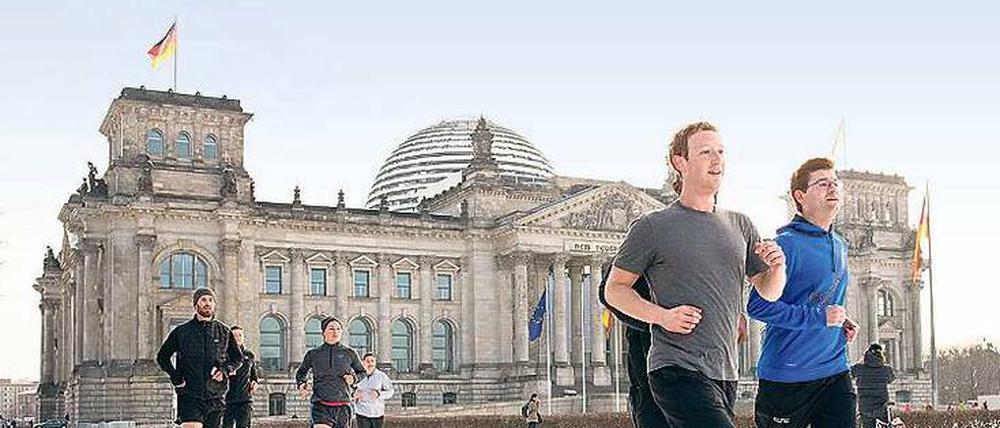 Immer gut gelaunt. Der Facebook-Gründer läuft am 25. Februar 2016 durch Berlin.