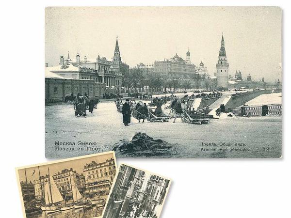 Souvenirs. Da er nicht fotografierte, kaufte Benjamin Ansichtskarten; hier Beispiele aus Moskau und Marseille. 
