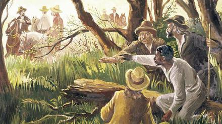 Auf der Flucht. Schaffner der Underground Railroad helfen einem Sklaven, zu entkommen. 