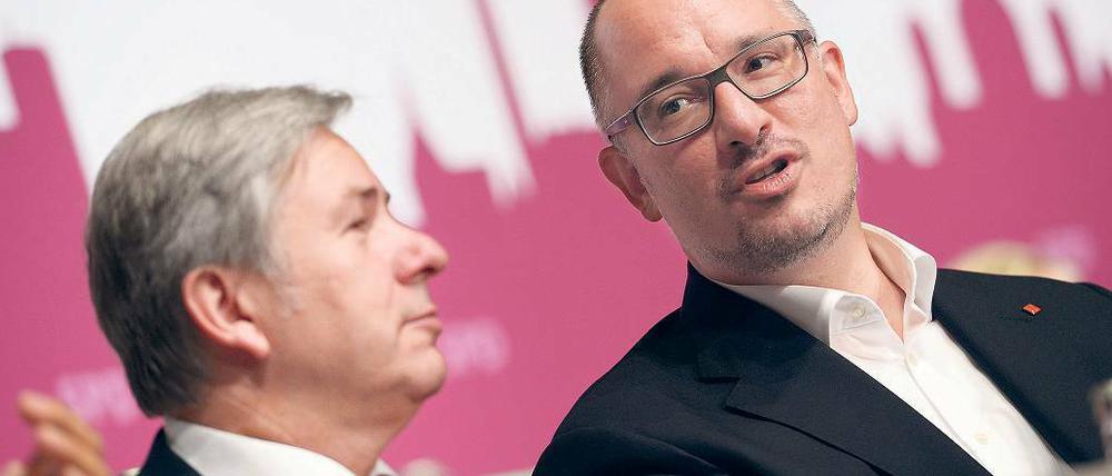 Oft unterschätzt. Seit zwei Jahren führt Jan Stöß (rechts) die Regierungspartei, die in den Meinungsumfragen bei 23 Prozent herumdümpelt. Er wird jetzt als Nachfolger Wowereits gehandelt.