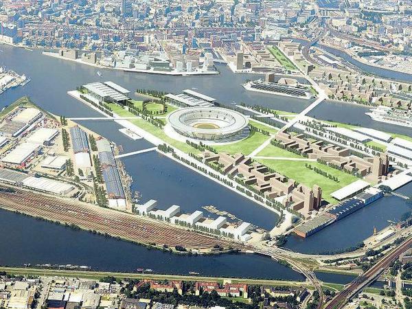 Blick in die Zukunft. Hamburg nimmt im Rennen um die Spiele mit alten Plänen neuen Anlauf. Auf dem „Kleinen Grasbrook“ soll im Hafen das Olympiagelände entstehen.