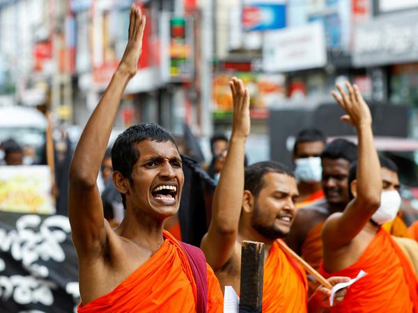 Buddhistische Mönche auf einer Anti-Regierungs-Demo in Colombo, Sri Lanka. 